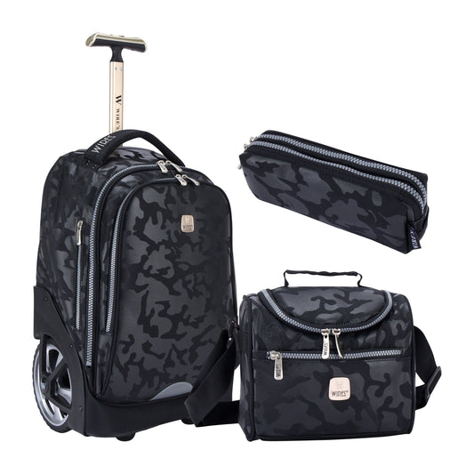 Black Camouflage Wires Big Wheel School Bag Trolley Set of 3 (Lunch Bag & Pencil Case) - wiresitaly.com