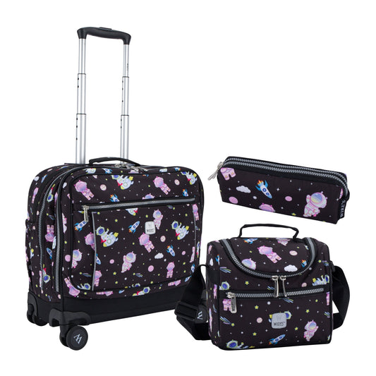 Black Space School Bag Trolley Set of 4(Lunch Bag & Pencil Case)+Lunch Box - wiresitaly.com