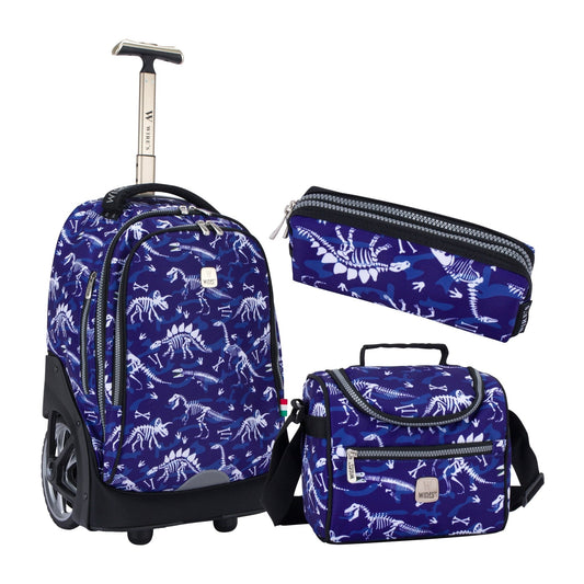 Blue Dinosaur Wires Big Wheel School Bag Trolley Set of 3 (Lunch Bag & Pencil Case) - wiresitaly.com