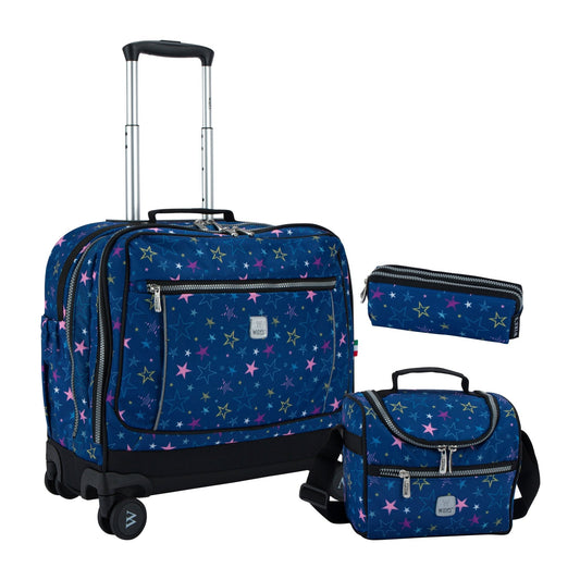 Blue Stars Wires School Bag Trolley Set of 4(Lunch Bag & Pencil Case)+Lunch Box - wiresitaly.com