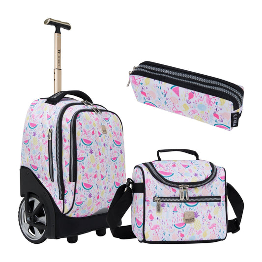 Bright Tropical Wires Big Wheel School Bag Trolley Set of 3 (Lunch Bag & Pencil Case) - wiresitaly.com