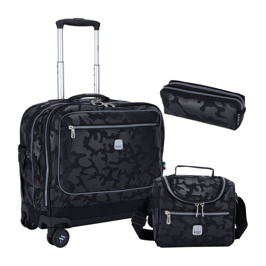 Dark Camouflage Wires School Bag Trolley Set of 4(Lunch Bag & Pencil Case)+Lunch Box - wiresitaly.com