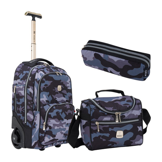 Dark Grey Camouflage Wires Mini Wheel School Bags Trolly Set of 3pcs - wiresitaly.com