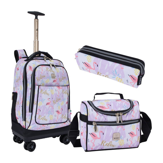 Flamingo Wires 8 - Wheels School Backpack Trolley Set (Lunch bag & Pencil Case) - wiresitaly.com