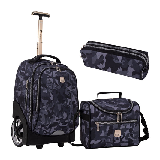 Navy Camouflage Wires Big Wheel School Bag Trolley Set of 3 (Lunch Bag & Pencil Case) - wiresitaly.com