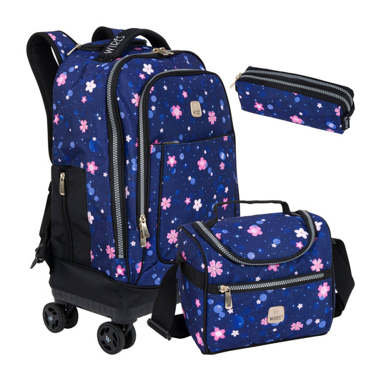 Navy Flower Wires 8 - Wheels School Backpack Trolley Set (Lunch bag & Pencil Case) - wiresitaly.com