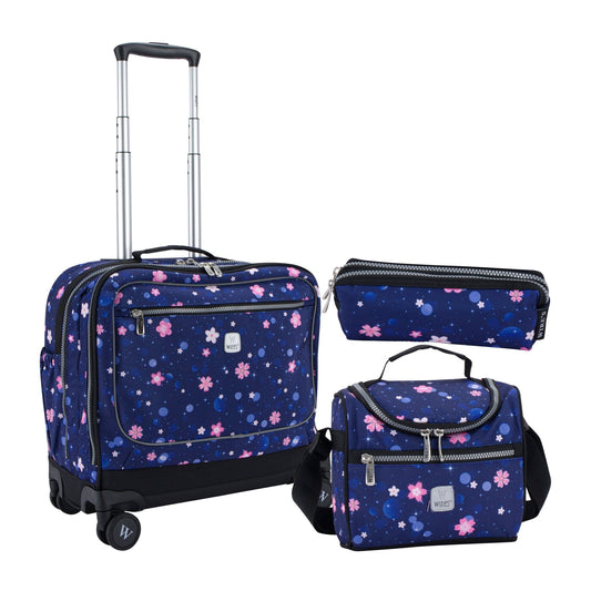 Navy Flower Wires School Bag Trolley Set of 4(Lunch Bag & Pencil Case)+Lunch Box - wiresitaly.com