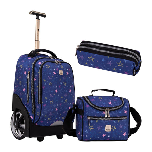 Navy Stars Wires Big Wheel School Bag Trolley Set of 3 (Lunch Bag & Pencil Case) - wiresitaly.com