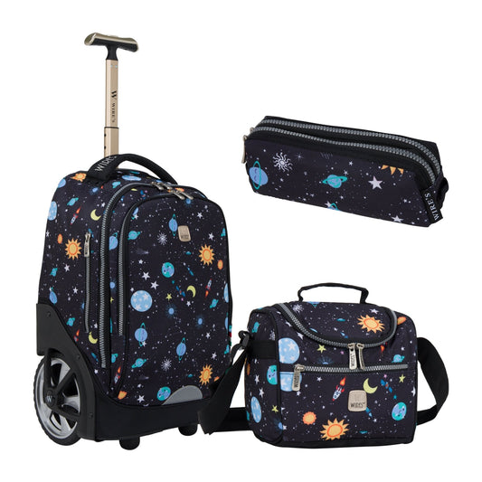 Navy Stars Wires Big Wheel School Bag Trolley Set of 3 (Lunch Bag & Pencil Case) - wiresitaly.com