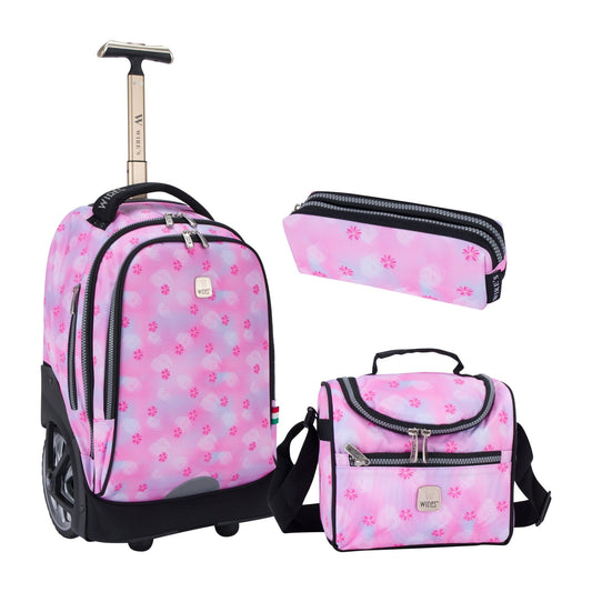 Pink Blur Flower Wires Big Wheel School Bag Trolley Set of 3 (Lunch Bag & Pencil Case) - wiresitaly.com