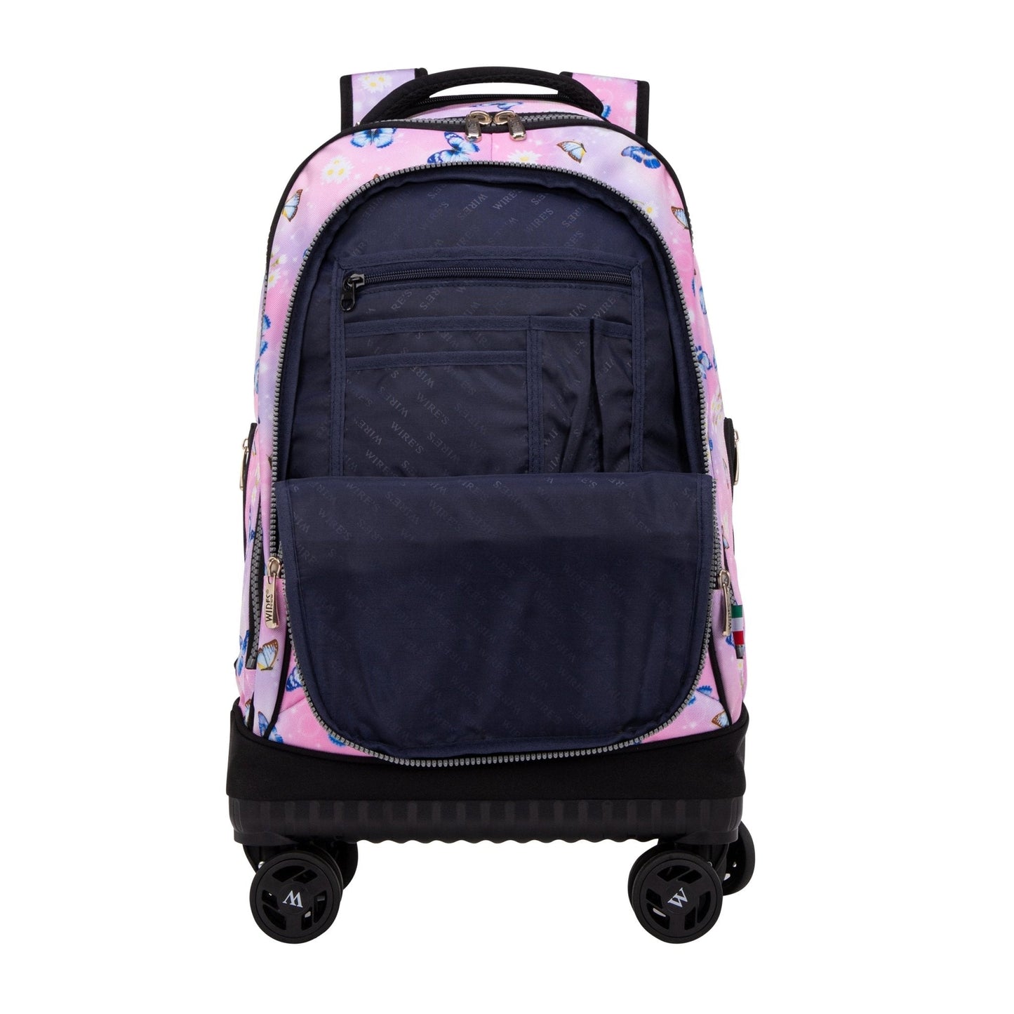 Pink Butterfly Wires 8 - Wheels School Backpack Trolley Set (Lunch bag & Pencil Case) - wiresitaly.com