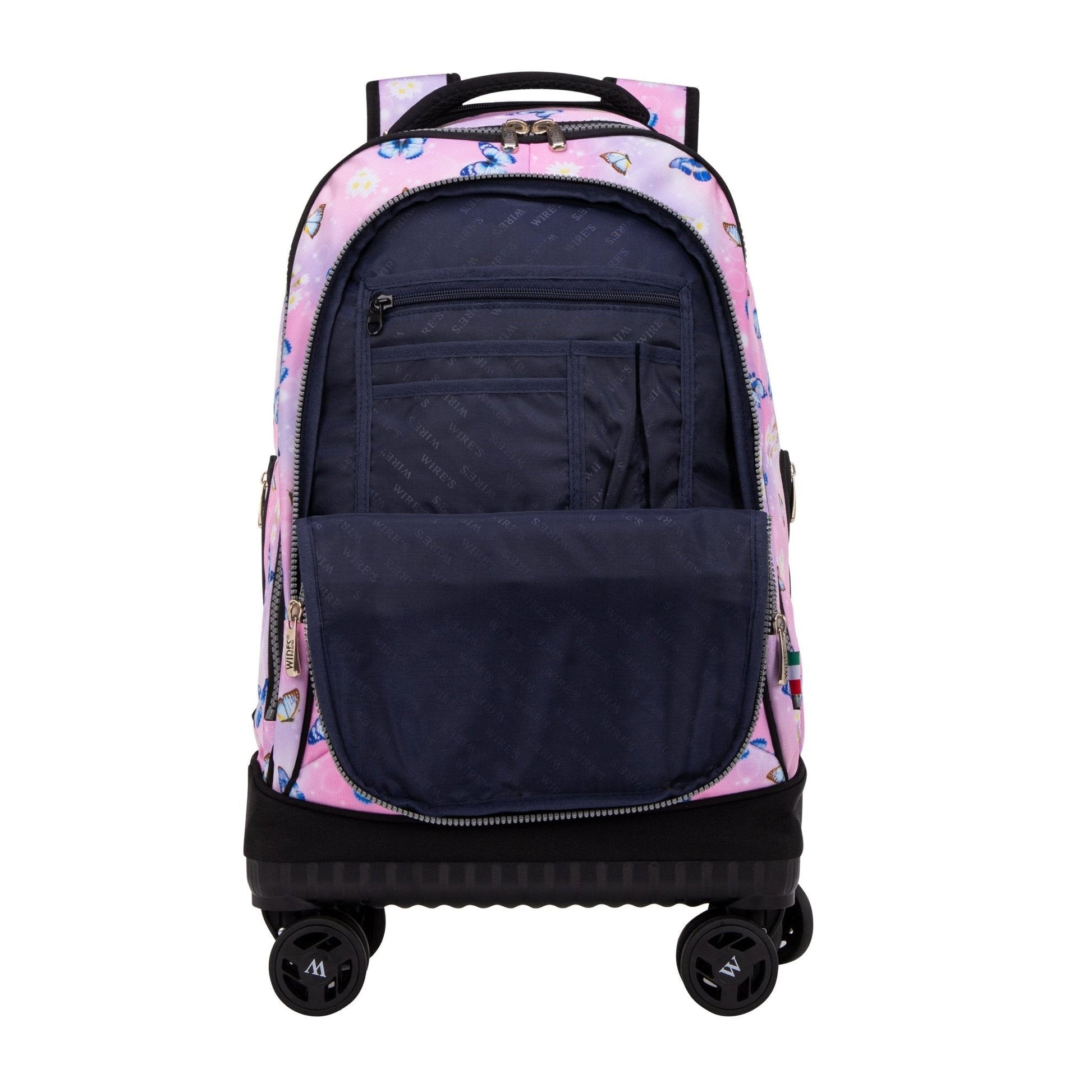 Pink Butterfly Wires 8 - Wheels School Backpack Trolley Set (Lunch bag & Pencil Case) - wiresitaly.com