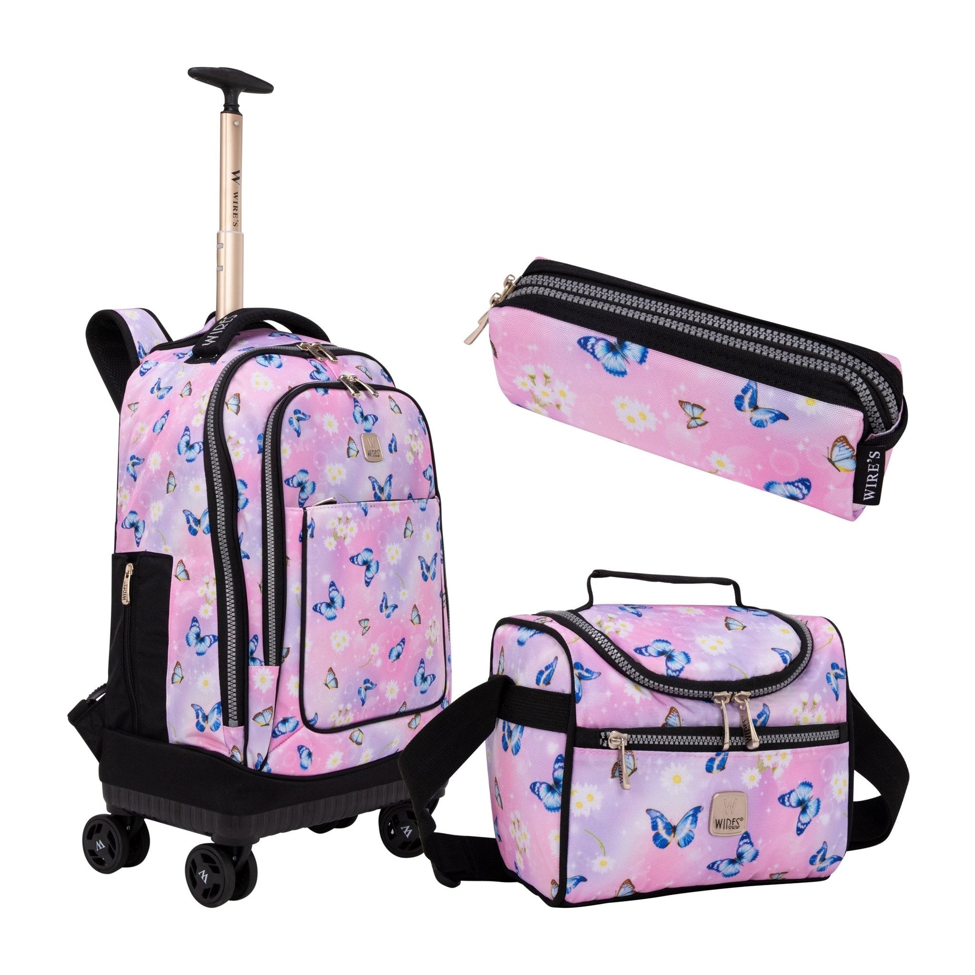 Pink Butterfly Wires 8 - Wheels School Backpack Trolley Set (Lunch bag & Pencil Case) - wiresitaly.com