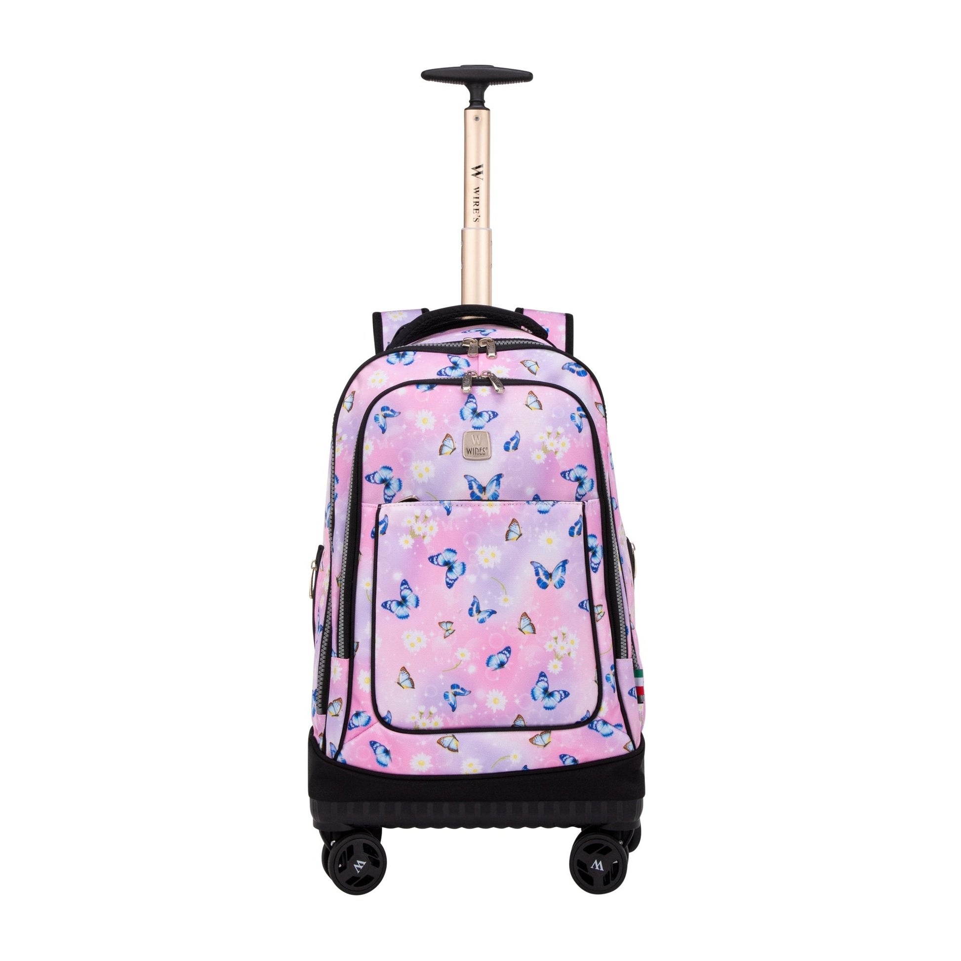Pink Butterfly Wires 8 - Wheels School Backpack Trolley Set (Lunch bag & Pencil Case) - wiresitaly.com