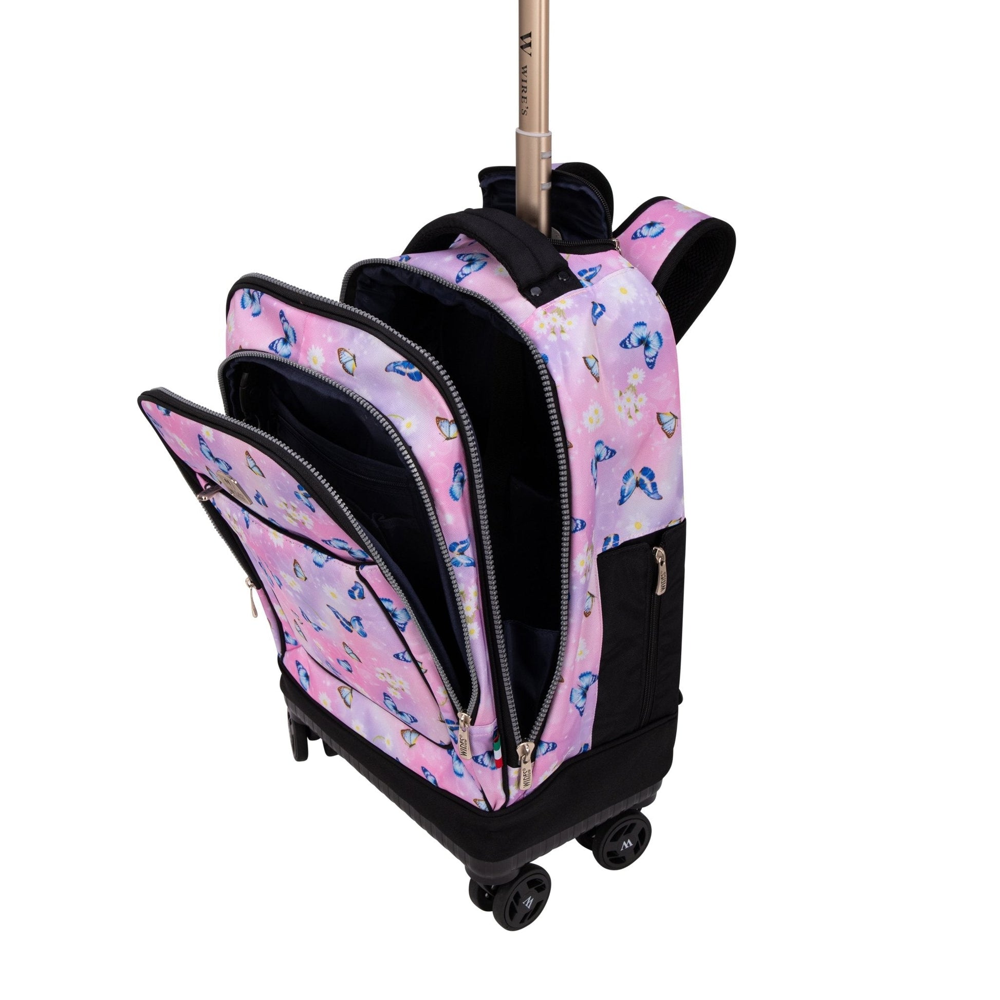 Pink Butterfly Wires 8 - Wheels School Backpack Trolley Set (Lunch bag & Pencil Case) - wiresitaly.com