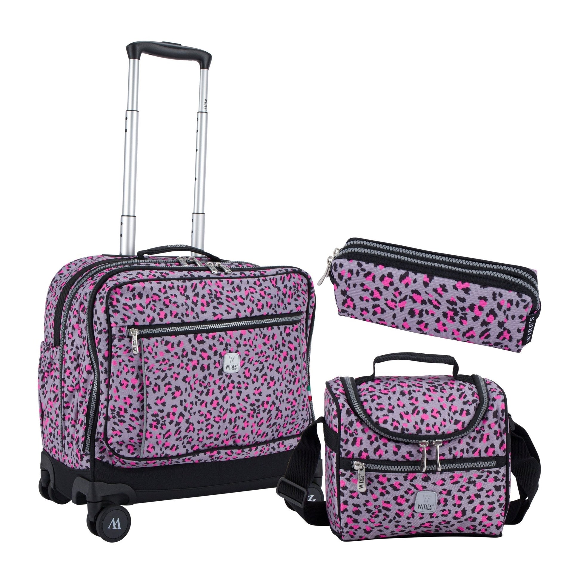 Pink Leopard Wires School Bag Trolley Set of 4(Lunch Bag & Pencil Case)+Lunch Box - wiresitaly.com