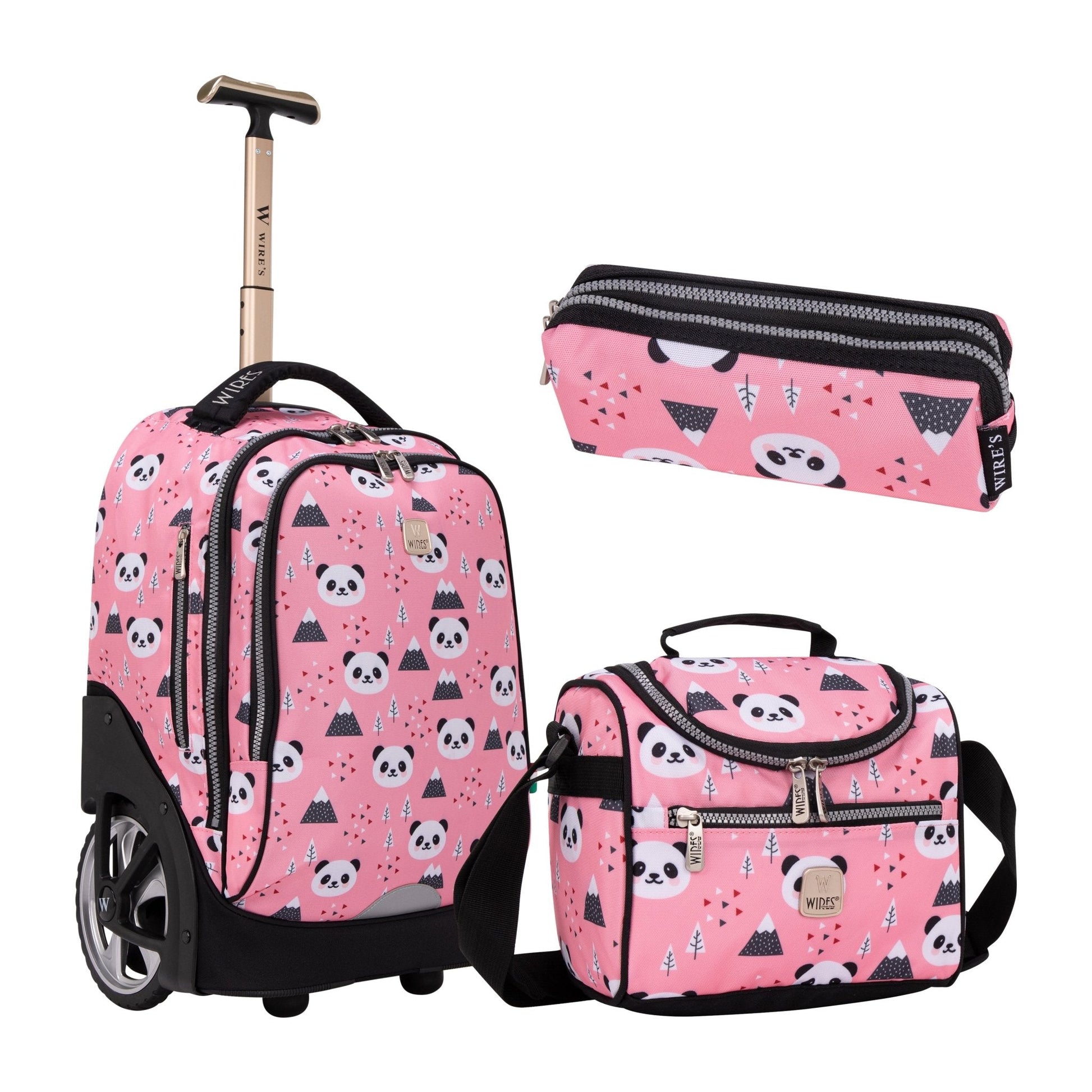 Pink Panda Wires Big Wheel School Bag Trolley Set of 3 (Lunch Bag & Pencil Case) - wiresitaly.com