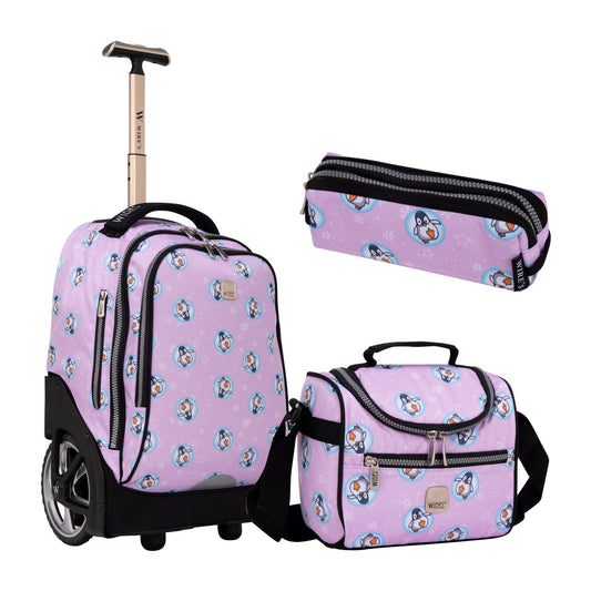 Pink Penguin Wires Big Wheel School Bag Trolley Set of 3 (Lunch Bag & Pencil Case) - wiresitaly.com