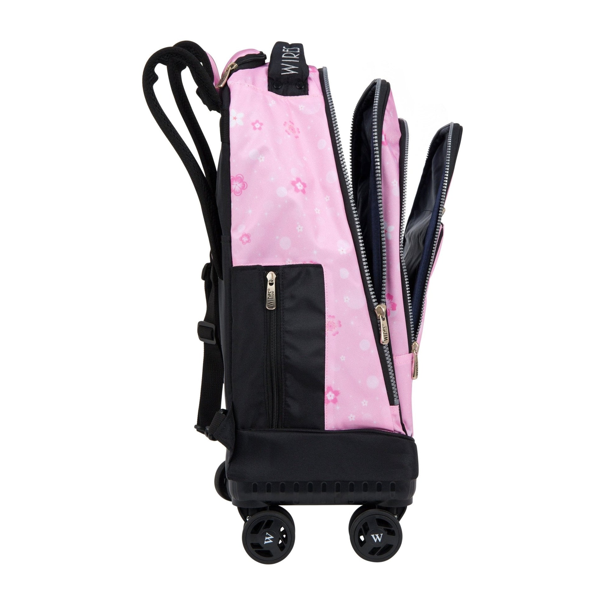 Pink Snowflakes Wires 8 - Wheels School Backpack Trolley Set (Lunch bag & Pencil Case) - wiresitaly.com