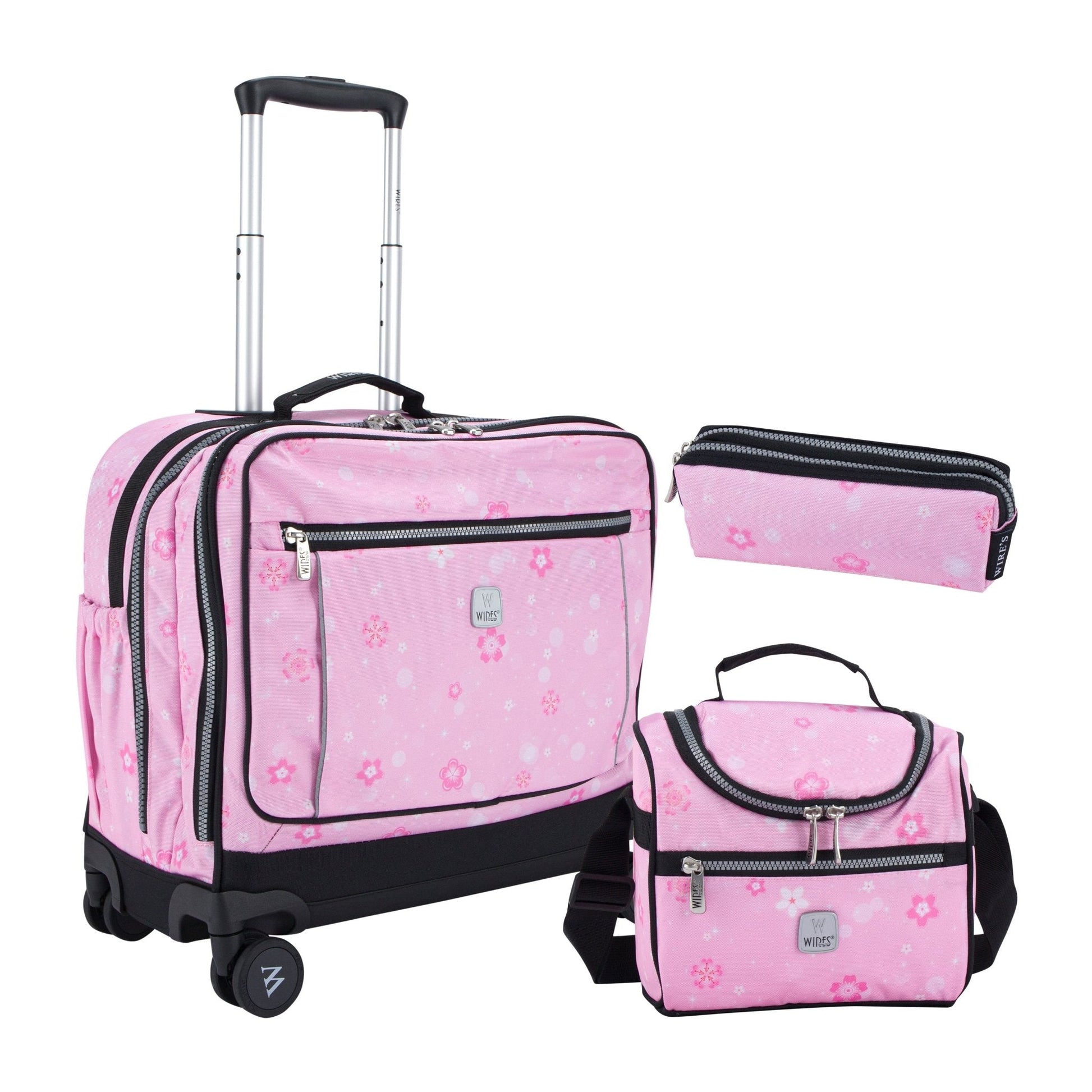 Pink Snowflakes Wires School Bag Trolley Set of 4(Lunch Bag & Pencil Case)+Lunch Box - wiresitaly.com