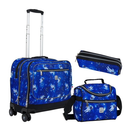Spaceman blue Wires School Bag Trolley Set of 4(Lunch Bag & Pencil Case)+Lunch Box - wiresitaly.com