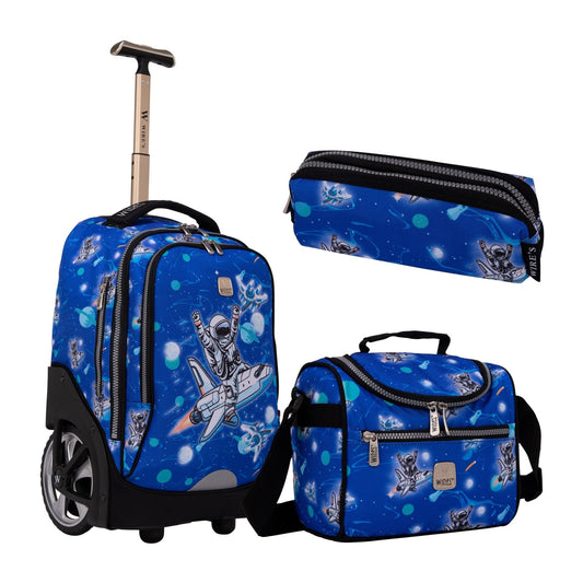 Spaceman Wires Big Wheel School Bag Trolley Set of 3 (Lunch Bag & Pencil Case) - wiresitaly.com