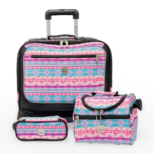 Wires 3 Pieces Set - 4 Wheels School Bag trolley with Lunch Bag + Pencil Case African Pink Design - wiresitaly.com