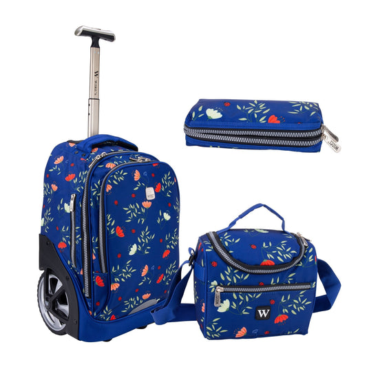 Wires Big Wheel School Bags Trolly Set of 3pcs Blue Flower Design - wiresitaly.com